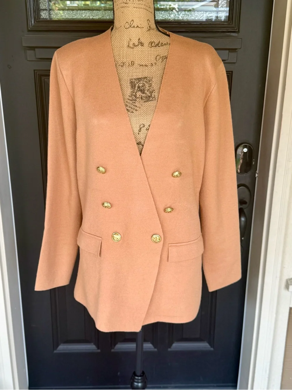 Marled by RC Tan Sweater Blazer XL Gold-Like Buttons Double Breasted Knit Jacket - Picture 2 of 6